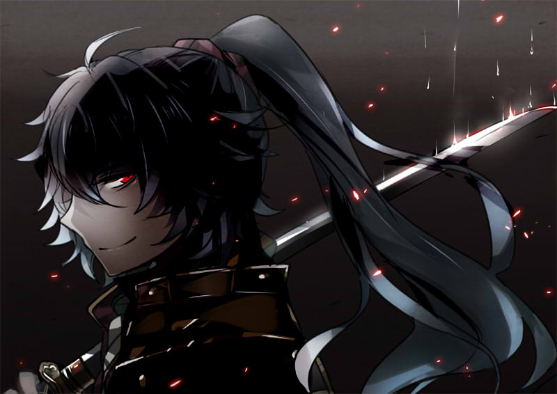 10s, 1boy, 77_degrees, blue_hair, evil_smile, katana, light_particles, log_horizon, long_hair, male_focus, over_shoulder, ponytail, red_eyes, samurai, smile, solo, soujirou_seta, sword, sword_over_shoulder, weapon, weapon_over_shoulder