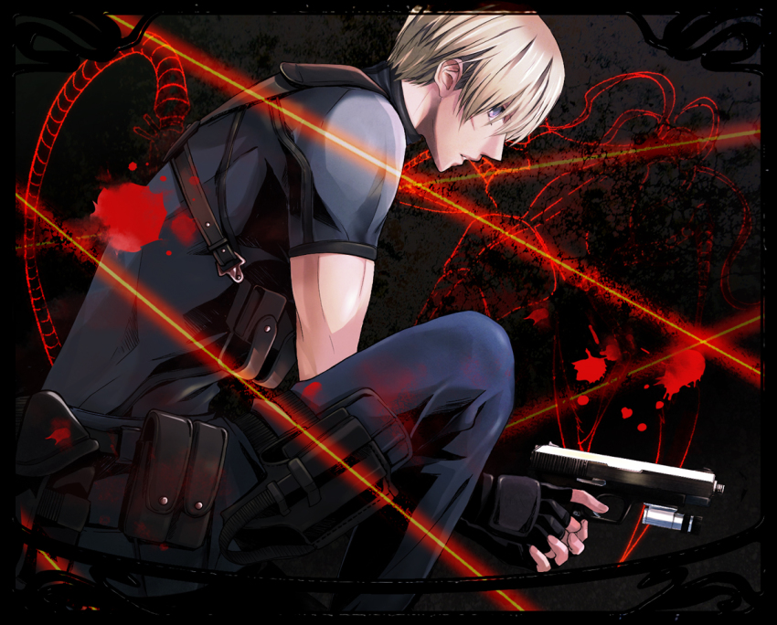 1boy, blonde_hair, chiya_(sere1), gun, h&amp;k_usp, handgun, holster, laser_sight