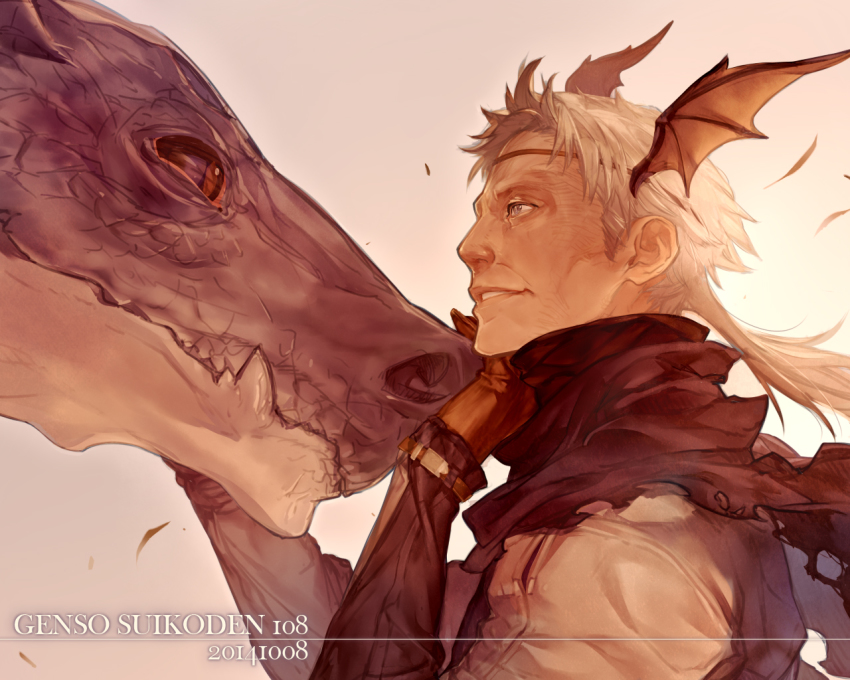 1boy, bad_id, bad_pixiv_id, dragon, eye_contact, gensou_suikoden, gloves, joshua_levenheit