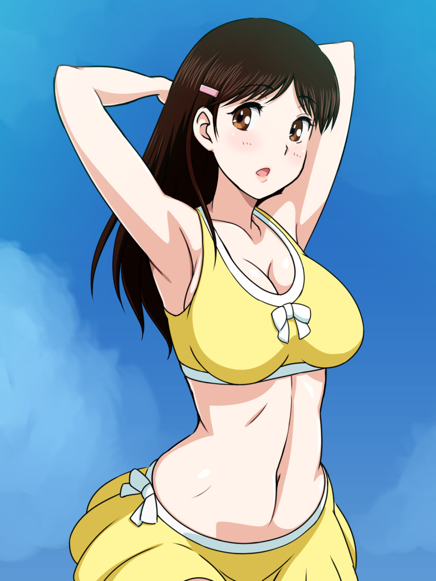 1girl, armpits, arms_up, blush, breasts, brown_eyes, brown_hair, cleavage, female_focus, hairband, highres, kindaichi_shounen_no_jikenbo, large_breasts, long_hair, looking_at_viewer, nanase_miyuki, navel, open_mouth, simple_background, skirt, solo, standing, swimsuit, yuki_(12cut)