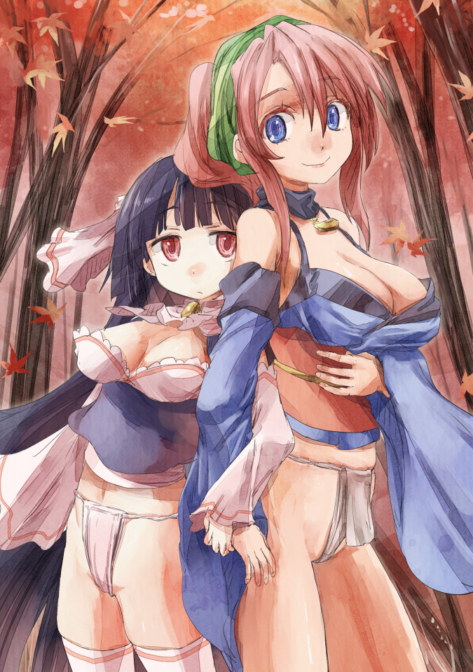 2girls, autumn, black_bra, black_hair, blue_eyes, blunt_bangs, bra, breasts, fundoshi, fuuka_(gouma_reifuden_izuna), gouma_reifuden_izuna, japanese_clothes, kimono, large_breasts, leaf, long_hair, multiple_girls, pink_hair, ponytail, red_eyes, shizune_(gouma_reifuden_izuna), thighhighs, tree, underwear, very_long_hair, white_legwear, yohane