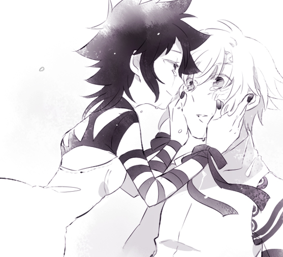 1boy, 1girl, allen_walker, d.gray-man, iyo_(kurumiwarin), kurumiwarin, monochrome, road_kamelot, short_hair, tears