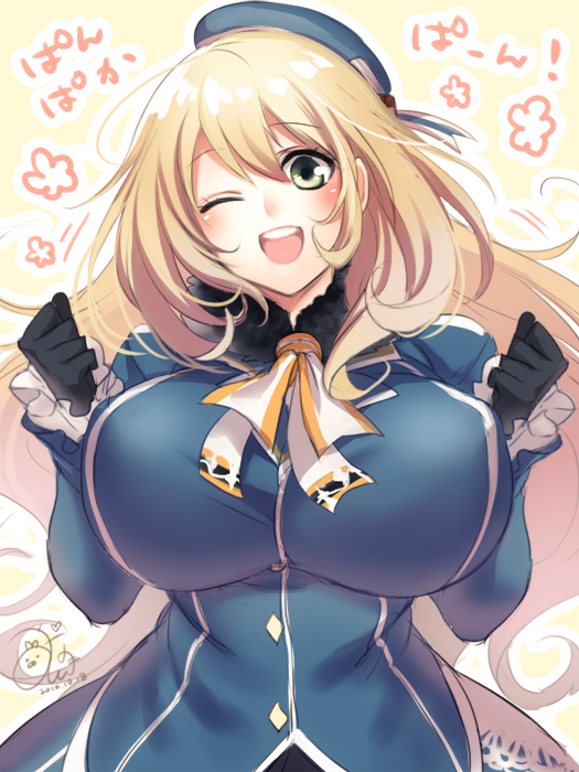 10s, 1girl, ;d, atago_(kancolle), bad_id, bad_twitter_id, black_gloves, blonde_hair