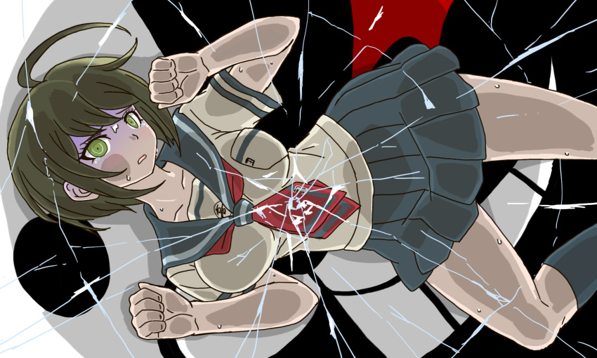 10s, 1girl, against_glass, ahoge, breast_press, breasts, brown_hair, cheek_squash, crack, danganronpa_(series), danganronpa_another_episode:_ultra_despair_girls, fourth_wall, gloom_(expression), green_eyes, highres, junu_(junudonkochan), looking_at_viewer, monokuma, naegi_komaru, open_mouth, parted_lips, school_uniform, short_hair, sweat, tears, turn_pale