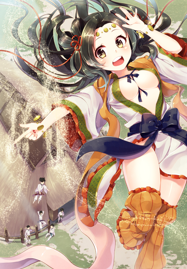 1girl, :d, ahoge, bad_id, bad_pixiv_id, black_hair, bow, breasts, flying, forehead_jewel, hagoromo, hair_bow, hair_ribbon, iwasuhime, iwasuhime-no-kami, japanese_mythology, kojiki_(chronicle), long_hair, looking_at_viewer, moeru!_jiten, moeru!_nihon_shinwa_no_megami_jiten, official_art, open_mouth, original, ribbon, sakuragi_ren, shawl, smile, solo_focus, yellow_eyes