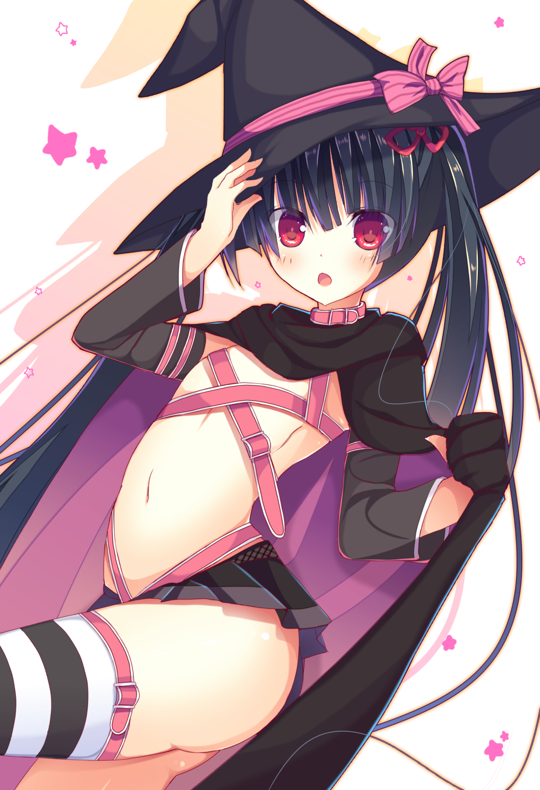 1girl, :o, alternate_costume, ass, ayachi_nene, ayachi_nene_(cosplay), belt_bra, black_hair, blush, bow, cape, collarbone, company_connection, cosplay, cowboy_shot, creator_connection, female_focus, flat_chest, hair_ribbon, halloween, hat, hat_bow, highres, humuyun, long_hair, looking_at_viewer, masamune_masashi, masamune_shizuru, microskirt, navel, noble_works, red_eyes, ribbon, sanoba_witch, skirt, solo, star_(symbol), striped_clothes, striped_thighhighs, thighhighs, very_long_hair, witch_hat, yuzusoft