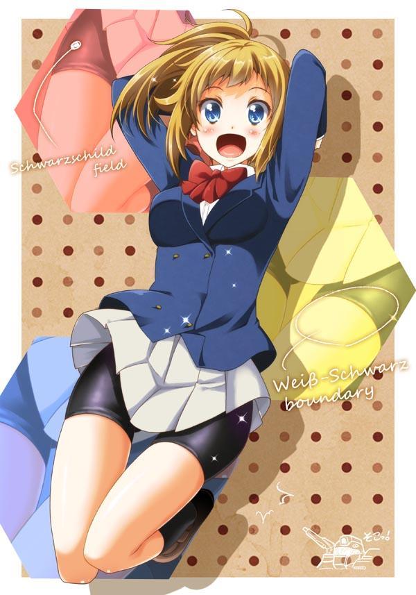 10s, 1girl, :d, bad_id, bad_twitter_id, bike_shorts, blue_eyes, brown_hair