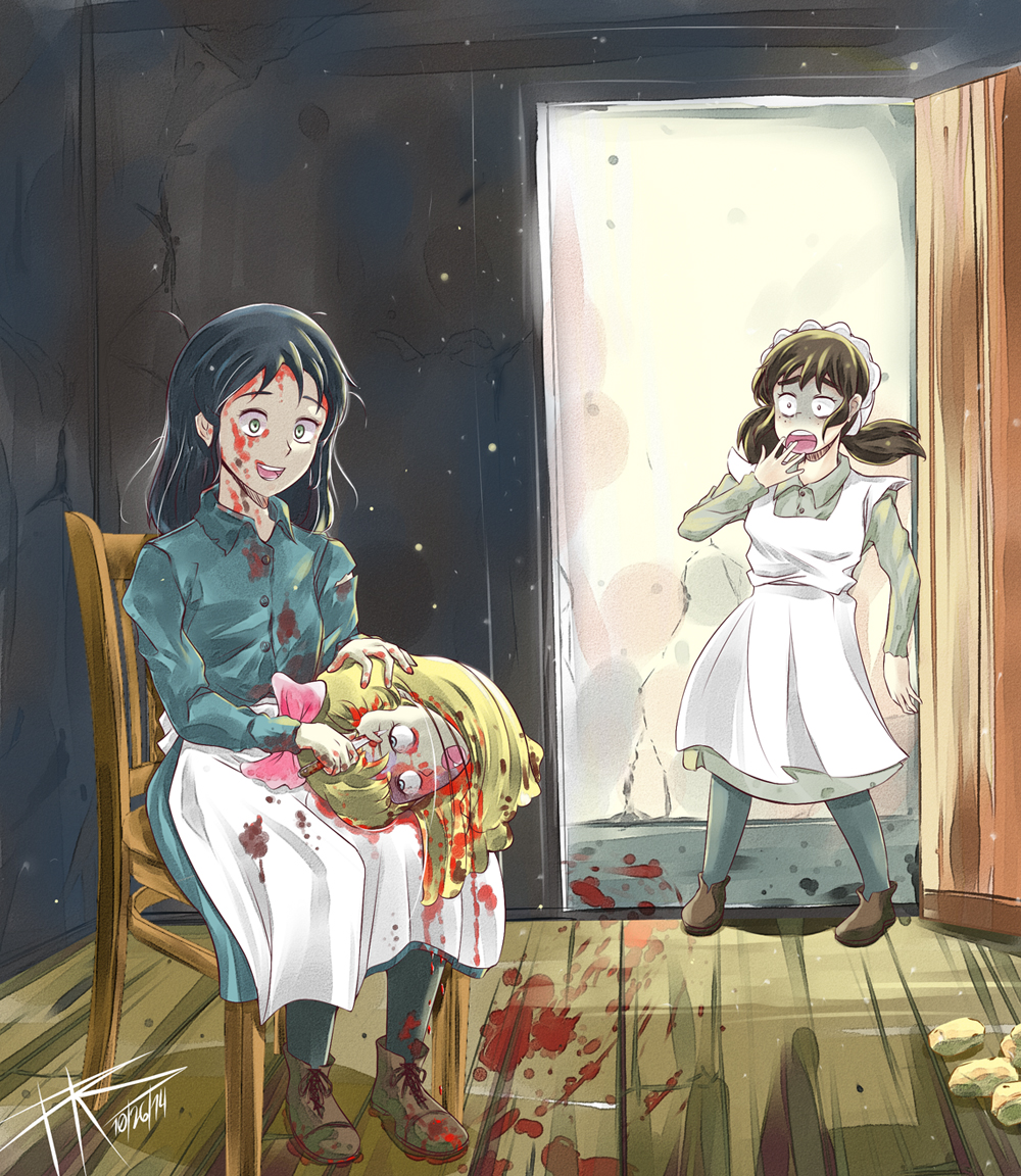 3girls, becky_(princess_sarah), blonde_hair, blood, blood_in_hair, blood_on_clothes, blood_on_face, blood_on_hands, bloody_knife, blue_hair, brown_hair, crazy, crazy_eyes, crazy_smile, death, green_eyes, guro, knife, lavinia_herbert, long_hair, messy_hair, multiple_girls, murder, nippon_animation, pantyhose, princess_sarah, sarah_crewe, severed_head, sitting, smile, surprised, torn_clothes, twintails, wide-eyed, world_masterpiece_theater