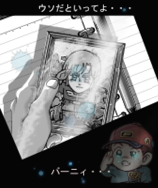 1980s_(style), 2boys, alfred_izuruha, baseball_cap, bernard_wiseman, blonde_hair, blue_eyes, chibi, gundam, gundam_0080, hat, kyoukou_aaresu, military, military_uniform, multiple_boys, oldschool, picture_frame, retro_artstyle, salute, tears