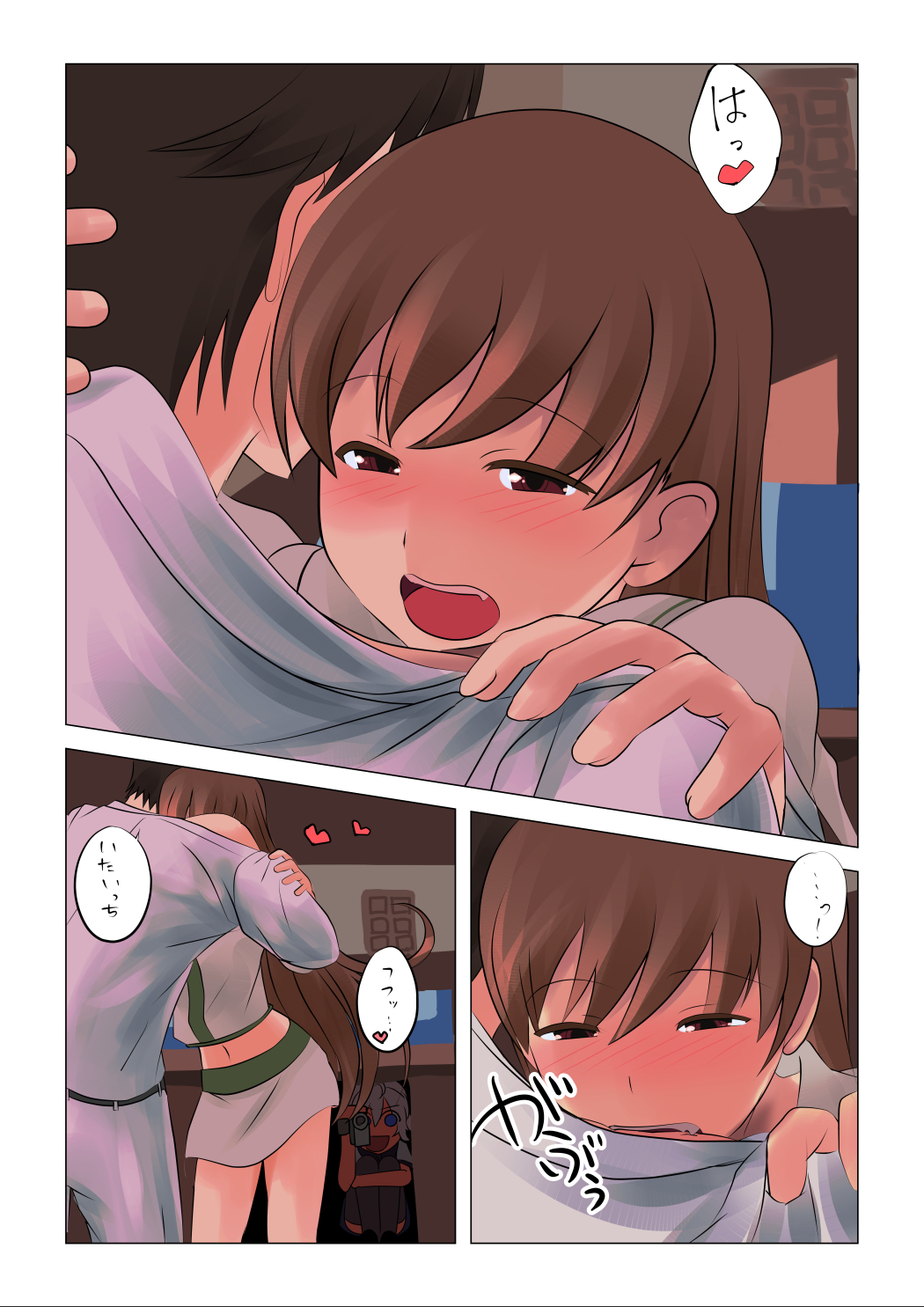 10s, 2girls, admiral_(kancolle), aoba_(kancolle), biting, blush, brown_hair, camcorder, comic, hellpart, highres, kantai_collection, long_hair, love_biting, midriff, multiple_girls, neck_biting, ooi_(kancolle), school_uniform, serafuku, translation_request, video_camera