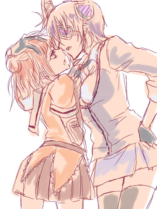 10s, 2girls, bad_id, bad_pixiv_id, double_bun, eyepatch, hair_bun, headgear, kantai_collection, multiple_girls, naka_(kancolle), school_uniform, short_hair, skirt, tenryuu_(kancolle), torikai, yuri