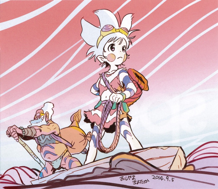 10s, 1boy, 1girl, 2014, artist_name, bare_shoulders, beard, boat