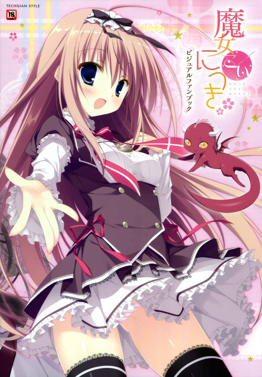 1girl, :d, absurdres, baragon_(majokoi), black_thighhighs, blue_eyes, bow, brown_hair