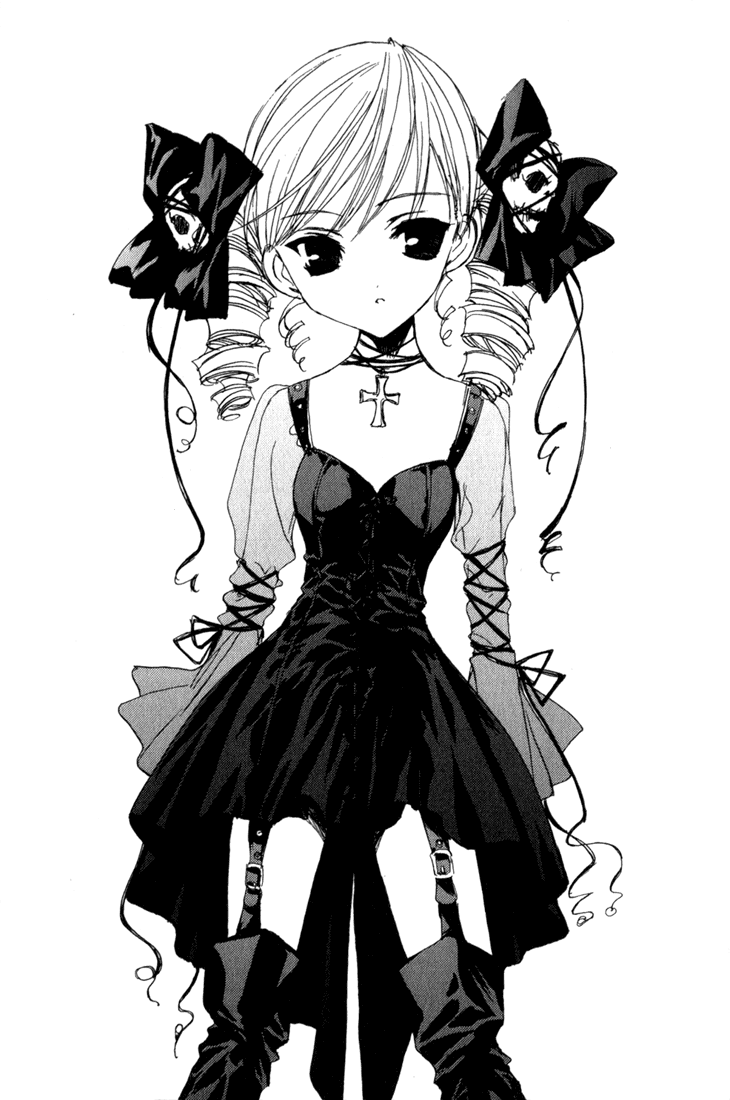 1girl, boots, bow, cross, cross_patty, curly_hair, dress, drill_hair, female_focus, flat_chest, garter_belt, gothic_lolita, greyscale, hair_bow, jewelry, latin_cross, lolita_fashion, maris, maris_mischa, monochrome, nanase_aoi, necklace, petit_monster, simple_background, skull, solo, thighhighs, twin_drills, zettai_ryouiki