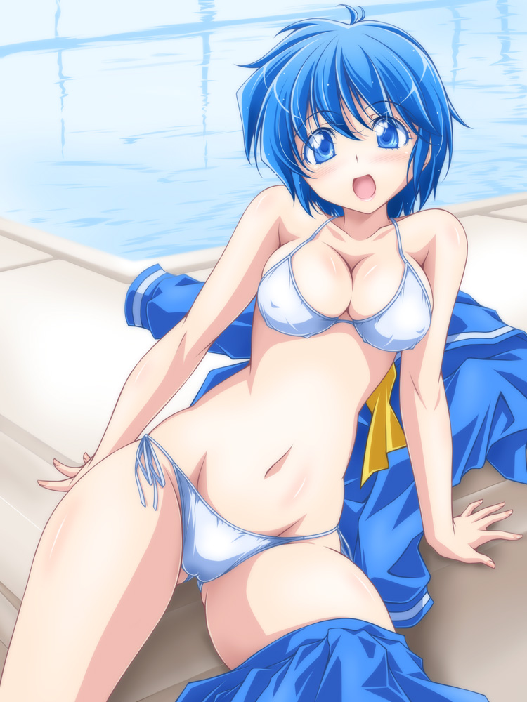1girl, :d, bikini, bikini_under_clothes, blue_eyes, blue_hair, blush, breasts, cameltoe, cleavage, collarbone, covered_erect_nipples, female_focus, groin, halterneck, kikuchi_tsutomu, looking_at_viewer, matching_hair/eyes, medium_breasts, nijino_saki, open_mouth, pool, school_uniform, serafuku, short_hair, side-tie_bikini_bottom, sitting, smile, solo, string_bikini, swimsuit, thighs, tokimeki_memorial, tokimeki_memorial_1, undressing, water, white_bikini