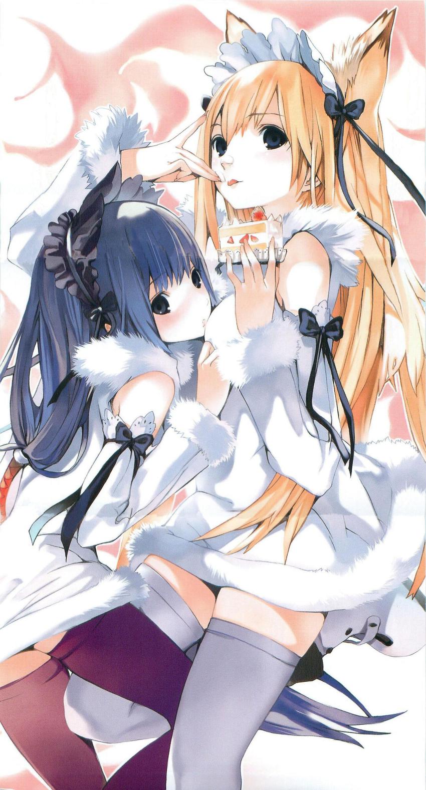 00s, 2girls, absurdres, animal_ears, blonde_hair, blue_eyes, blue_hair, cake