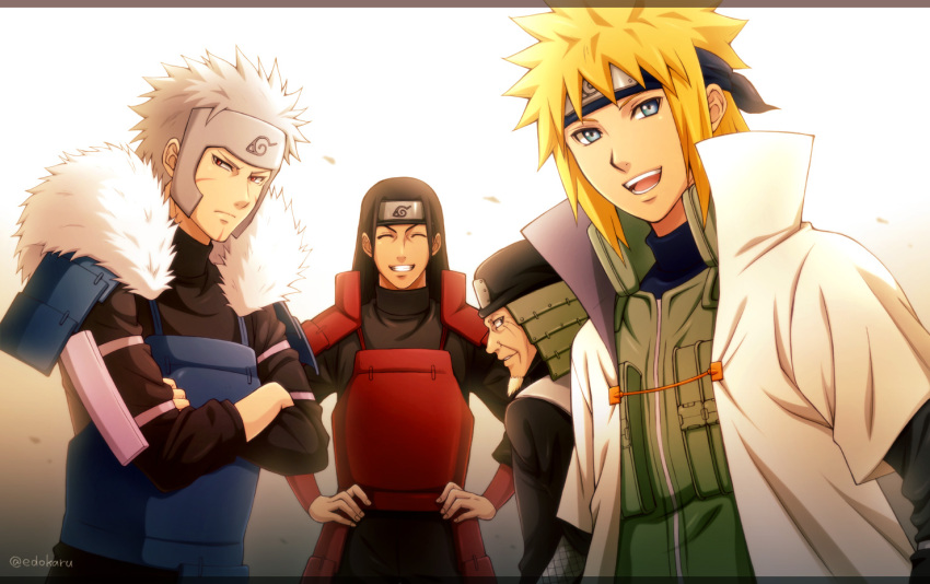 4boys, armor, black_hair, blonde_hair, facial_mark, forehead_protector, fur_trim, happuri, japanese_armor, karuta410, long_hair, male_focus, multiple_boys, namikaze_minato, naruto_(classic), naruto_(series), naruto_shippuuden, sarutobi_hiruzen, senju_hashirama, senju_tobirama, short_hair, spiked_hair, white_hair