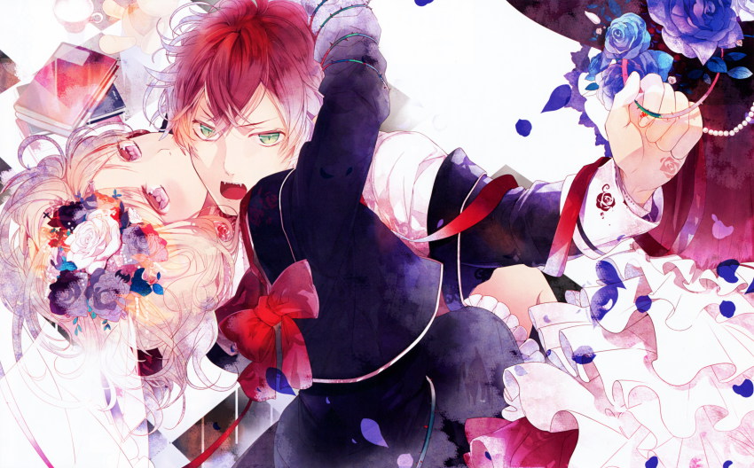 10s, 1boy, 1girl, absurdres, blonde_hair, brown_hair, diabolik_lovers, flower