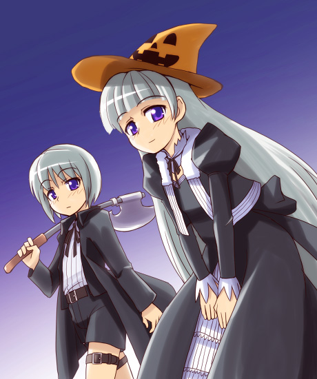 00s, androgynous, axe, black_lagoon, cowboy_shot, dual_persona, gender_request, gretel_(black_lagoon), halloween, hansel_(black_lagoon), reverse_trap, siblings, trap, twins, weapon, yn1982