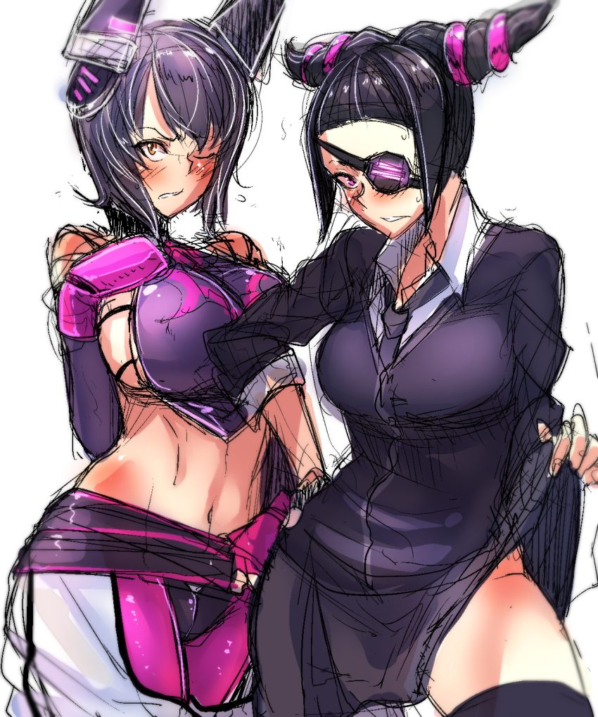 2girls, bakuya, bare_shoulders, black_hair, black_legwear, breasts, chinese_clothes, cosplay, costume_switch, drill_hair, dudou, eyepatch, halterneck, han_juri, han_juri_(cosplay), highres, kantai_collection, large_breasts, looking_at_viewer, multiple_girls, navel, one_eye_closed, purple_eyes, short_hair, sideboob, simple_background, sketch, street_fighter, street_fighter_iv_(series), sweat, tenryuu_(kancolle), tenryuu_(kancolle)_(cosplay), thighhighs, thighs, twin_drills, white_background, wink, yellow_eyes