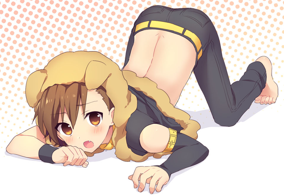 10s, 1boy, barefoot, brown_eyes, brown_hair, child, collar, fang, feet, halftone, halftone_background, idolmaster, idolmaster_side-m, looking_at_viewer, male_focus, midriff, mo_(nmnme), no_pupils, open_mouth, short_hair, solo, tachibana_shiro_(idolmaster), top-down_bottom-up