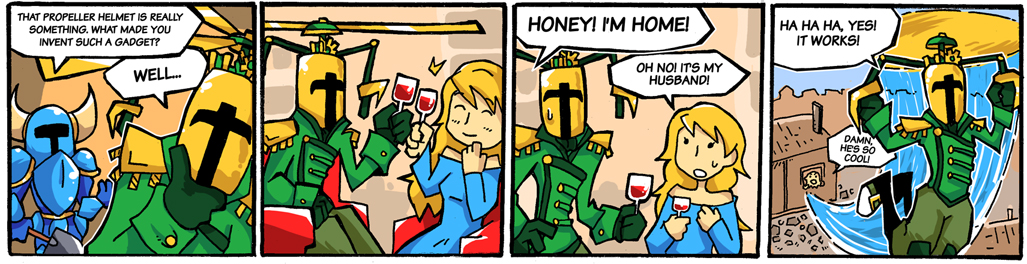 2boys, alcohol, armor, blonde_hair, cheating_(relationship), comic, cup, drinking_glass, english_text, epaulettes, helmet, multiple_boys, pants, propeller, propeller_knight, setz, shovel, shovel_knight, shovel_knight_(character), wine, wine_glass, worktool