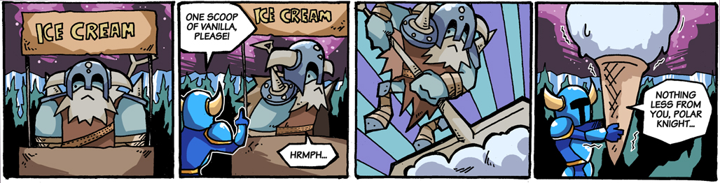 2boys, armor, beard, blue_skin, colored_skin, comic, english_text, facial_hair, fake_horns, helmet, horned_helmet, ice_cream_cone, multiple_boys, oversized_object, polar_knight, setz, shovel_knight, shovel_knight_(character), snow