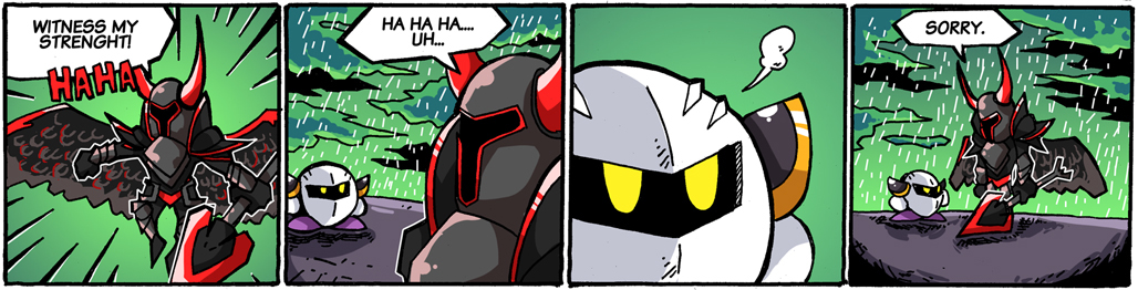 armor, black_knight_(shovel_knight), comic, crossover, emphasis_lines, english_text, helmet, kirby_(series), laughing, meta_knight, nintendo, rain, setz, shovel, shovel_knight, typo, worktool, yellow_eyes