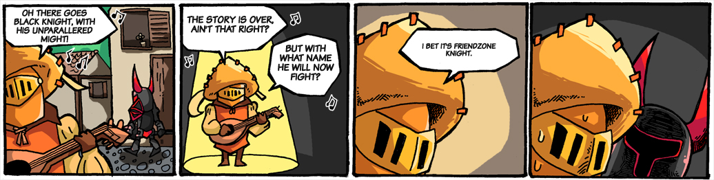 2boys, armor, bard_(shovel_knight), black_knight_(shovel_knight), comic, digging_your_own_grave, english_text, fake_horns, helmet, horned_helmet, horns, instrument, lute_(instrument), multiple_boys, music, musical_note, setz, shovel_knight, singing, sweatdrop, the_bard_(shovel_knight)