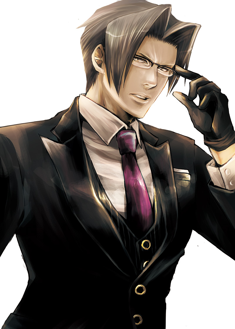 1boy, ace_attorney, adjusting_eyewear, black_gloves, curtained_hair, formal_clothes, glasses, gloves, grey_hair, male_focus, miles_edgeworth, necktie, parted_bangs, solo, suit, white_background, yumi_(soak1111)