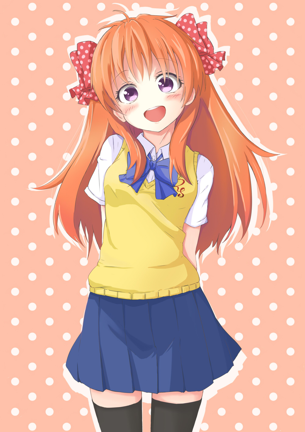 10s, 1girl, :d, arms_behind_back, black_thighhighs, blue_skirt, blush, bow