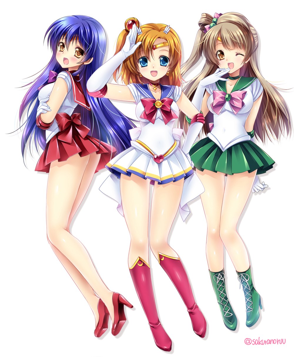 3girls, :d, :o, ;d, bishoujo_senshi_sailor_moon, bishoujo_senshi_sailor_moon_(first_season), blonde_hair, blue_eyes, blue_hair, blue_sailor_collar, blush, boots, bow, breasts, brooch, brown_eyes, brown_hair, choker, cosplay, elbow_gloves, embarrassed, full_body, gloves, green_boots, green_skirt, hair_bobbles, hair_bun, hair_ornament, hairpin, half_updo, heart, heart_brooch, high_heels, highres, inner_senshi, jewelry, knee_boots, kosaka_honoka, long_hair, love_live!, love_live!_school_idol_project, magical_girl, medium_breasts, minami_kotori, multicolored_skirt, multiple_girls, one_eye_closed, open_mouth, pink_bow, pleated_skirt, red_bow, red_skirt, ribbon, sailor_collar, sailor_jupiter, sailor_jupiter_(cosplay), sailor_mars, sailor_mars_(cosplay), sailor_moon, sailor_moon_(cosplay), sailor_senshi, sakurano_ru, shoes, short_hair, side_ponytail, single_hair_bun, skirt, smile, sonoda_umi, super_sailor_moon, super_sailor_moon_(cosplay), tiara, twitter_username, white_background, white_gloves