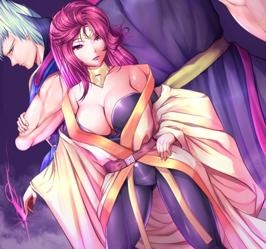 1980s_(style), 1boy, 1girl, bare_shoulders, belt, breasts, cape, character_request, cleavage, enma, harihisa, large_breasts, long_hair, madou_king_granzort, muscular, nabu, retro_artstyle, red_eyes, red_hair, shaman, thighs