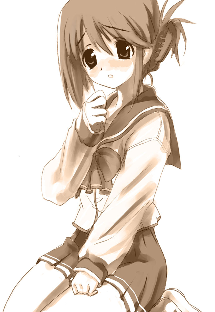 00s, 1girl, arumi, blush, female_focus, folded_ponytail, komaki_manaka, monochrome