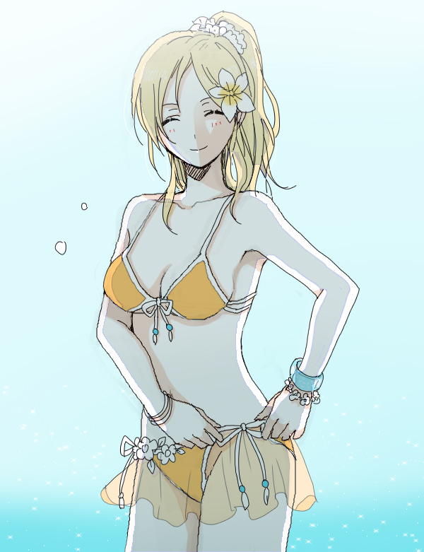 10s, 1girl, ayase_eli, bad_id, bad_pixiv_id, bikini, blonde_hair, breasts