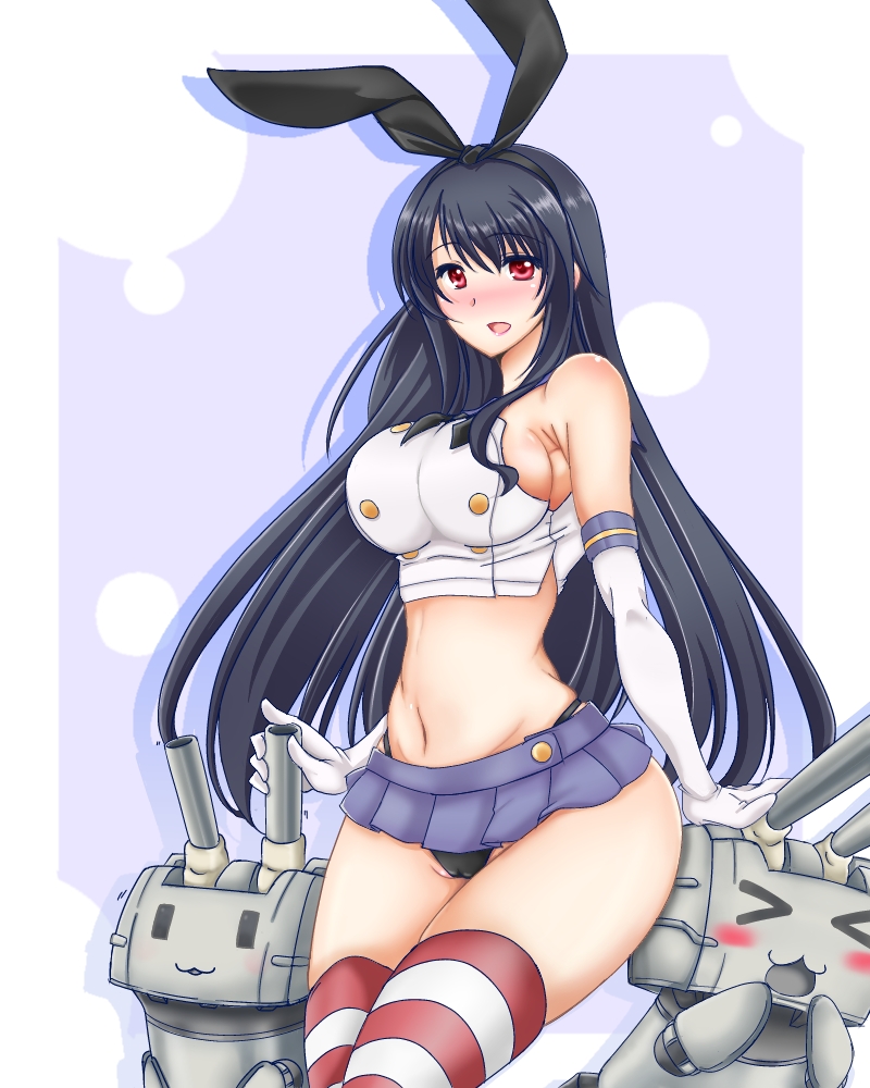 1girl, bare_shoulders, black_hair, black_panties, blush, breasts, cameltoe, cosplay, cowboy_shot, curvy, elbow_gloves, female_focus, fusou_(kancolle), gloves, hairband, highleg, highleg_panties, kantai_collection, kuon_(nokokopopo), large_breasts, long_hair, looking_at_viewer, microskirt, navel, open_mouth, panties, red_eyes, rensouhou-chan, shimakaze_(kancolle), shimakaze_(kancolle)_(cosplay), sideboob, skirt, solo, striped_clothes, striped_thighhighs, thighhighs, underwear, very_long_hair, white_gloves, wide_hips