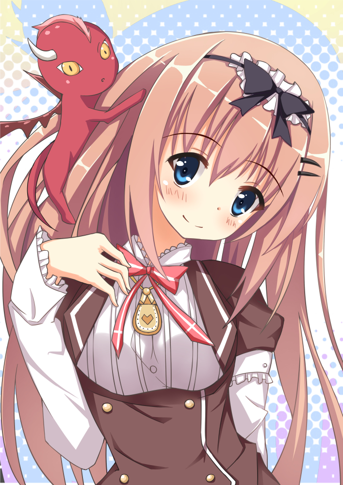 1girl, bad_id, bad_pixiv_id, baragon_(majokoi), blue_eyes, brown_hair, hairband, head_tilt