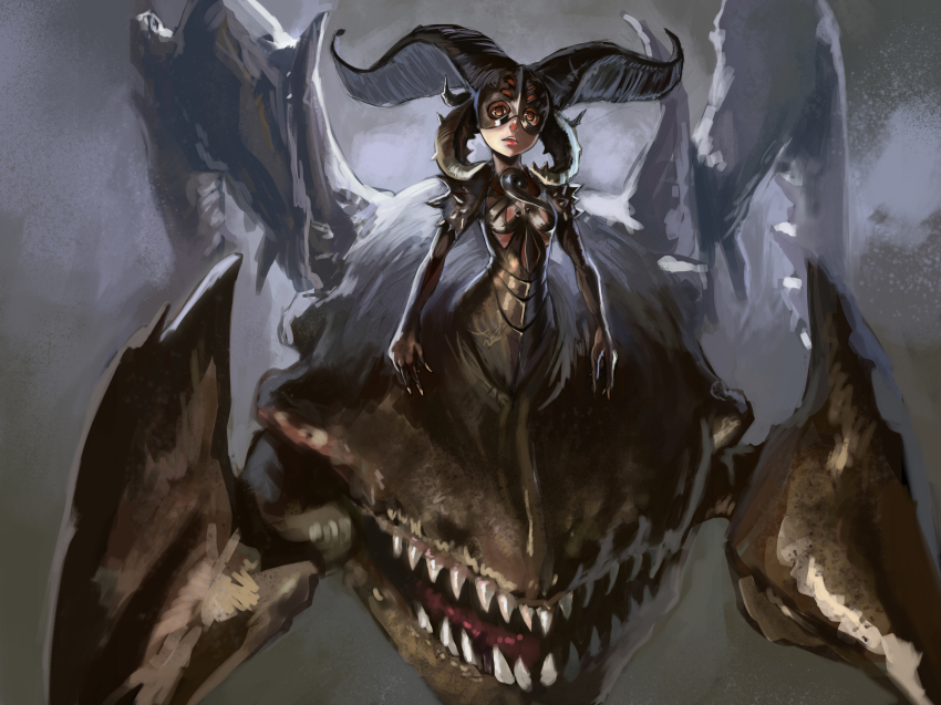 1girl, absurdres, armor, bottomless, breasts, brown_eyes, centauroid, claws, exoskeleton, extra_mouth, female_focus, fingernails, full_body, highres, horns, long_fingernails, magic:_the_gathering, monster_girl, multiple_legs, robert_knight, sharp_teeth, sheoldred, _whispering_one, small_breasts, solo, spikes, symbol-shaped_pupils, taur, teeth