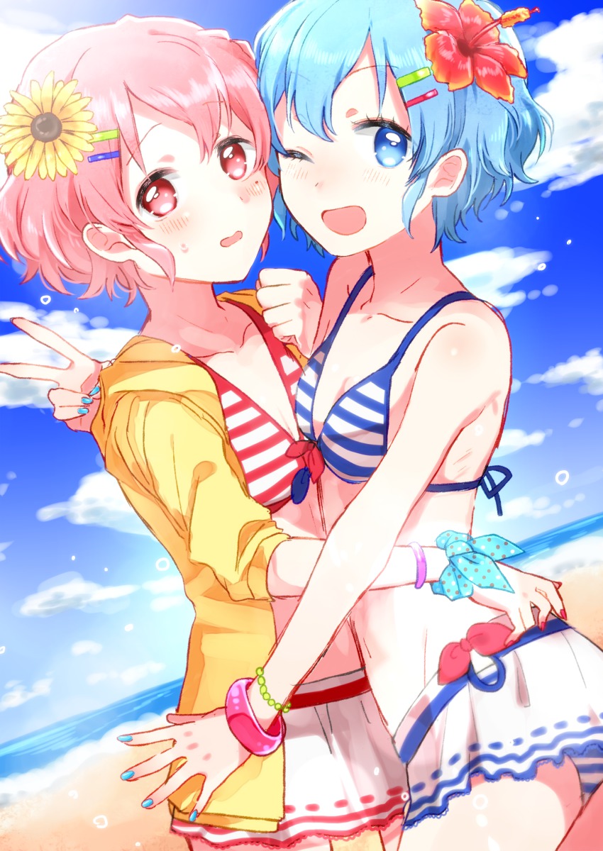 1boy, 1girl, ;d, bad_id, bad_pixiv_id, bikini, bikini_skirt, blue_eyes, blue_hair, bracelet, brother_and_sister, day, dorothy_west, flower, hair_flower, hair_ornament, hairclip, hibiscus, highres, jewelry, mgmgkyun, mole, mole_under_eye, multiple_girls, nail_polish, one_eye_closed, open_mouth, pink_eyes, pink_hair, pretty_series, pripara, reona_west, short_hair, siblings, smile, striped_bikini, striped_clothes, sunflower, swimsuit, trap, twins, v, wavy_mouth