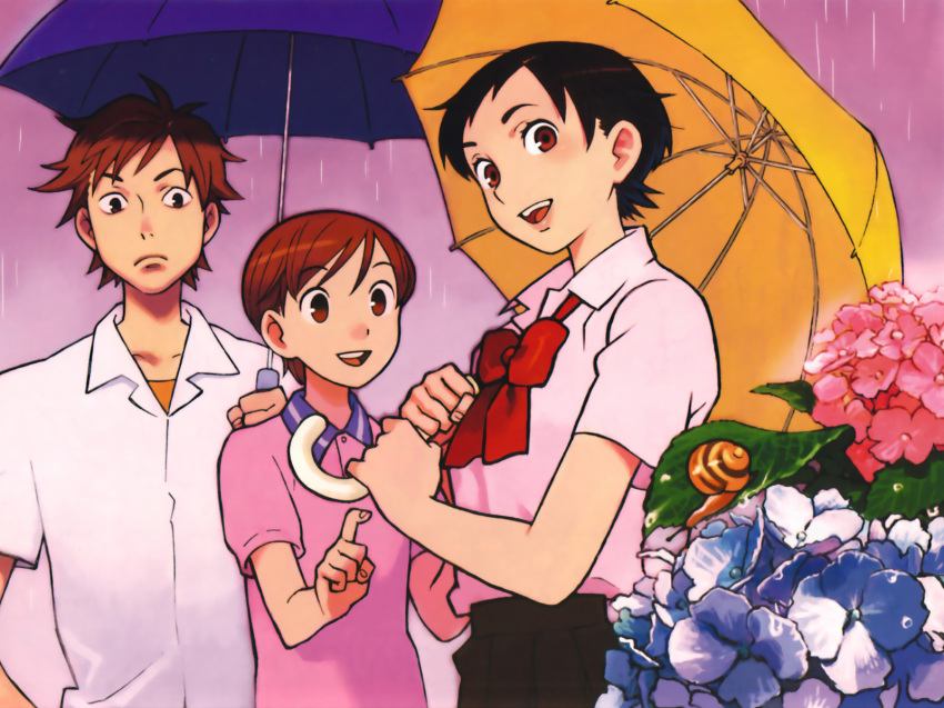 00s, 1girl, 2boys, aged_down, black_hair, blood+, bow, brown_eyes