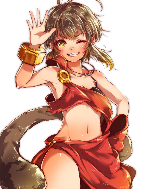 1girl, bare_shoulders, breasts, brown_eyes, brown_hair, crown, detached_sleeves, female_focus, looking_at_viewer, mataichi_mataro, monkey_tail, monkey_wrench_(ole_tower), navel, ole_tower, one_eye_closed, short_hair, simple_background, small_breasts, smile, solo, tail, white_background, wink