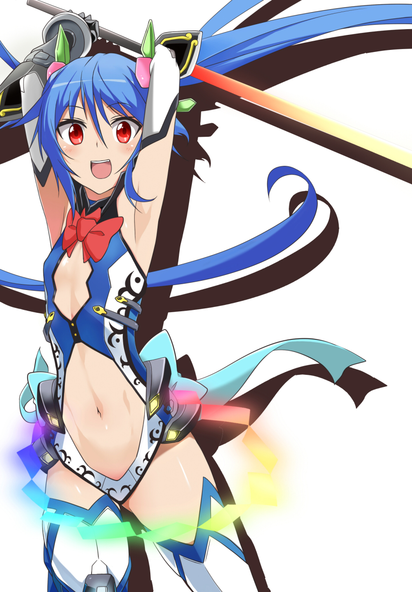 1girl, :d, armpits, arms_up, blue_hair, cosplay, derivative_work, evandragon