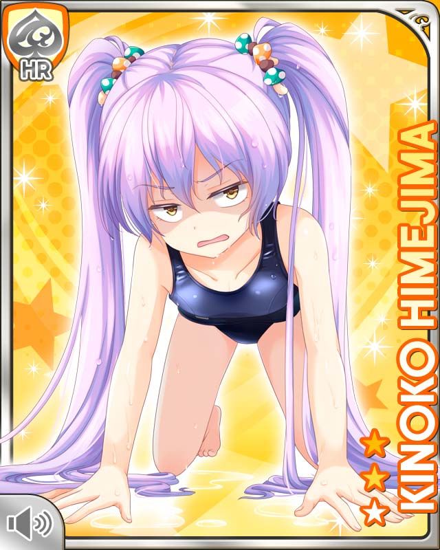 1girl, all_fours, barefoot, brown_eyes, card_(medium), character_name, female_focus, food-themed_hair_ornament