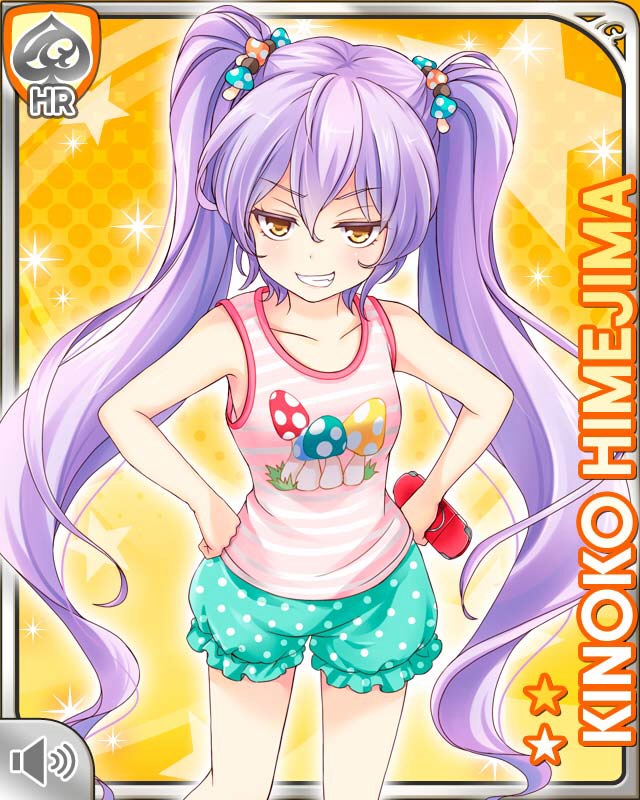 1girl, brown_eyes, card_(medium), character_name, food-themed_hair_ornament, food_print, girlfriend_(kari), grin