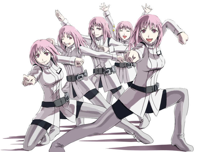 5girls, absurdres, clone, heike_gani, highres, honoka_en, honoka_ren, honoka_sisters, long_hair, multiple_girls, pantyhose, parody, pink_eyes, pink_hair, ressha_sentai_toqger, science_fiction, siblings, sidonia_no_kishi, sisters, super_sentai, thighhighs, uniform