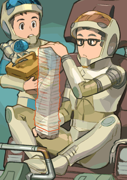 2boys, animal, bento_malus, chair, child, deck_afta, densetsu_kyojin_ideon, food