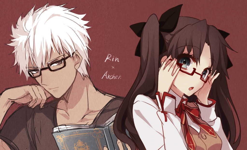 1boy, 1girl, :o, adjusting_eyewear, archer_(fate), archer_(modern_black_costume)_(fate), bad_id, bad_twitter_id