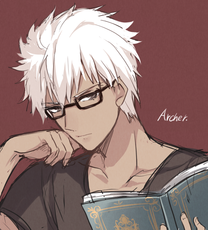 1boy, archer_(fate), archer_(modern_black_costume)_(fate), bad_id, bad_twitter_id, bespectacled, black-framed_eyewear, black_eyes