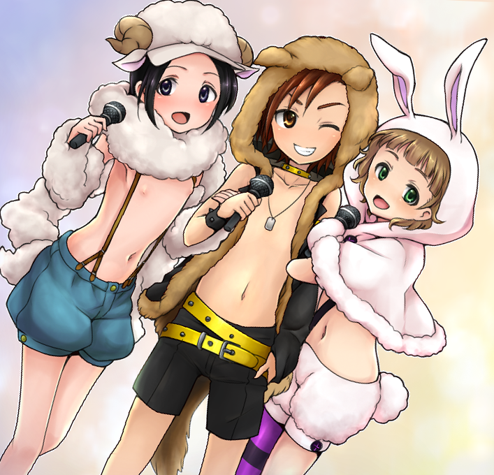 10s, 3boys, akai_mi_ga_bakuhatsu_shita, animal_hood, black_eyes, black_hair, blush, boy_sandwich, brown_eyes, brown_hair, dog_hood, grin, himeno_kanon, holding_another's_arm, hood, idolmaster, idolmaster_side-m, male_focus, microphone, mofumofuen, multiple_boys, navel, okamura_nao, purple_eyes, rabbit_hood, sandwiched, sheep_hood, short_hair, shorts, smile, tachibana_shiro_(idolmaster)