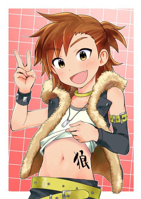 10s, 1boy, bad_id, bad_pixiv_id, belt, blush, body_writing, brown_eyes